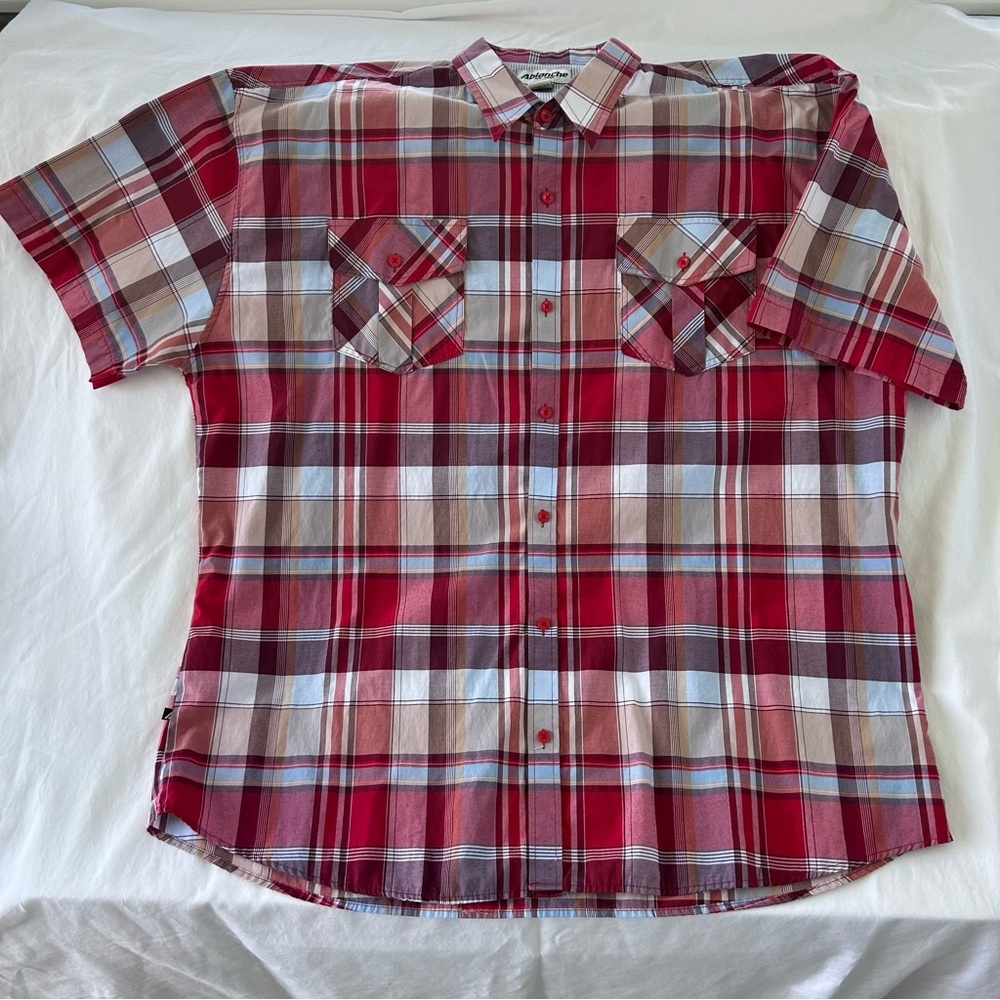 Ablanche Big & Tall 6XL Shirt Mens Button Up Retro Plaid Red Grey Short Sleeves